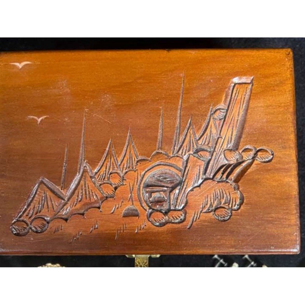 Vintage Carved Wood Jewelry Trinket Box Brass Closure & Hinges Red Lining Mirror